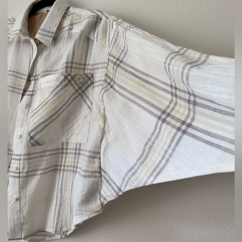FREE PEOPLE Cutie Plaid Button Down Shirt Top Blouse Dolman Sleeves Ivory SM - Picture 7 of 16